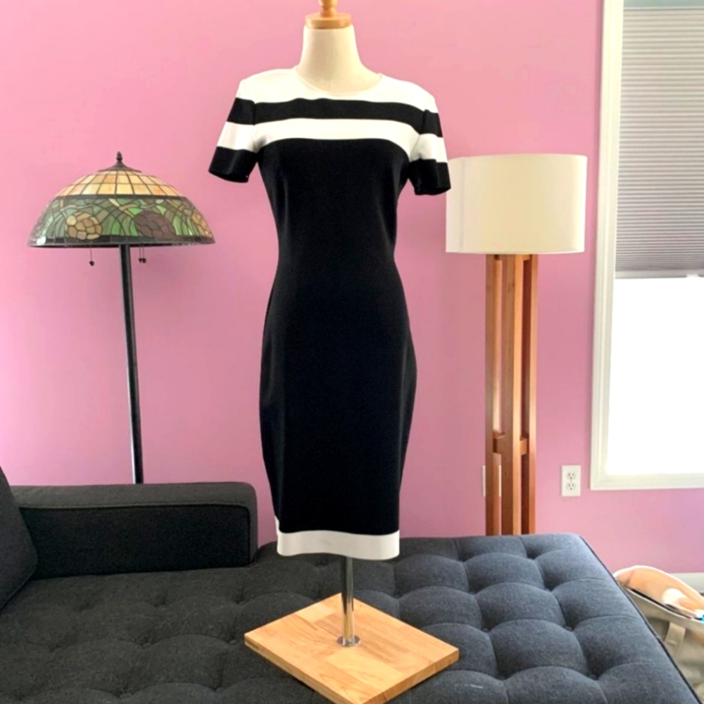 ST JOHN Little Black White Sculpt Knit Dress NWOT